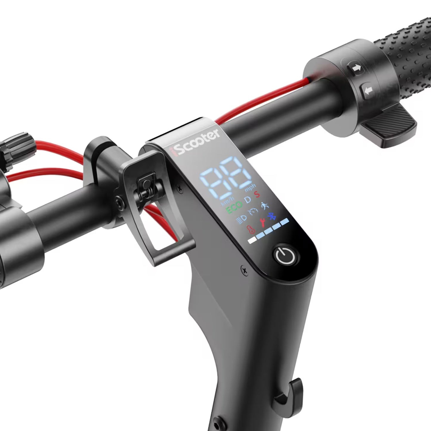 Gros plan sur le display de la iScooter W7 affichant la vitesse, le niveau de batterie et le mode de conduite.