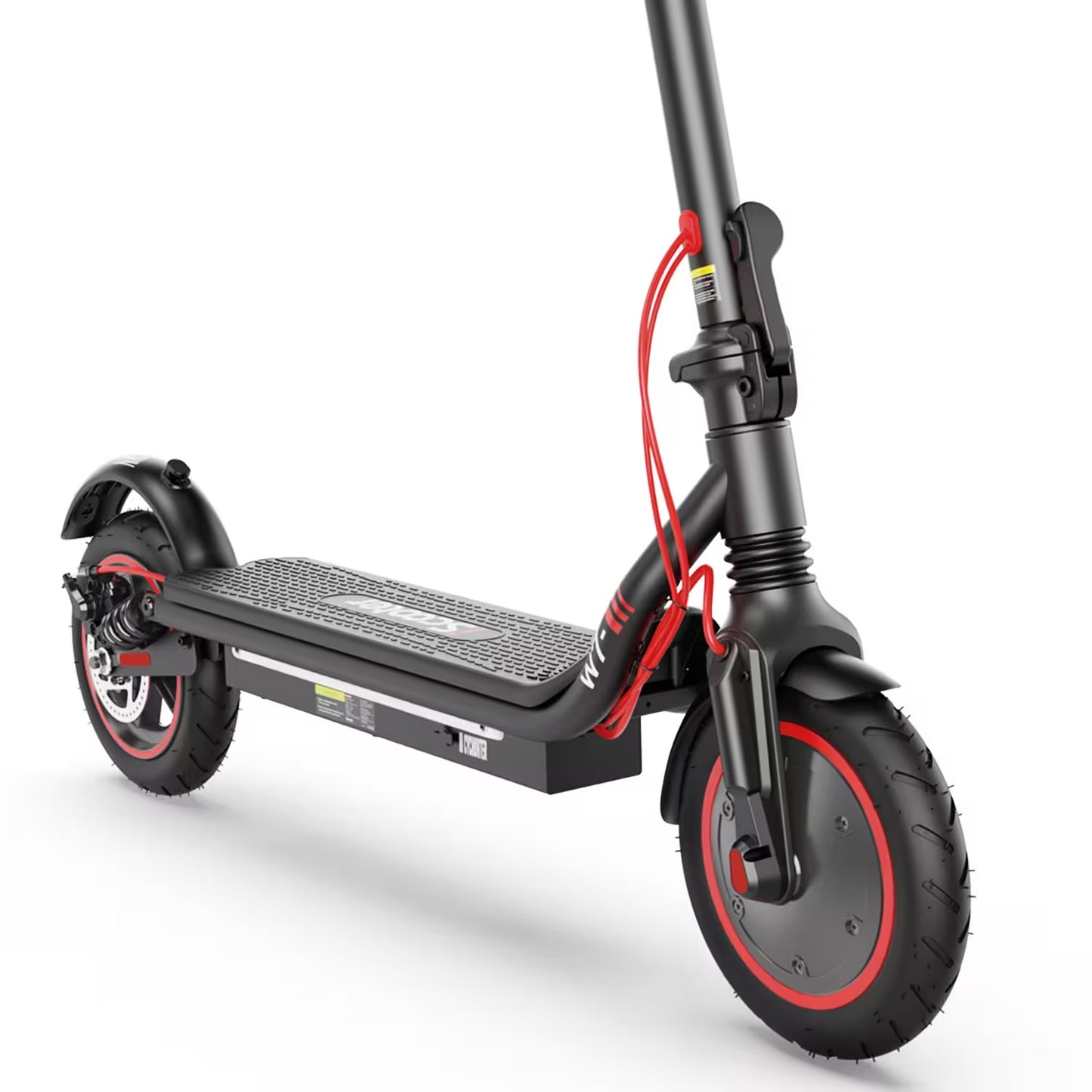 Gros plan sur les roues avant et arrière de la iScooter W7, avec mise en évidence du mécanisme de pliage central.