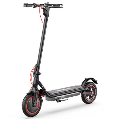 Vue d’ensemble de la trottinette électrique iScooter W7, posée au sol, affichant son design complet et son gabarit compact.