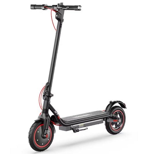 Vue d’ensemble de la trottinette électrique iScooter W7, posée au sol, affichant son design complet et son gabarit compact.